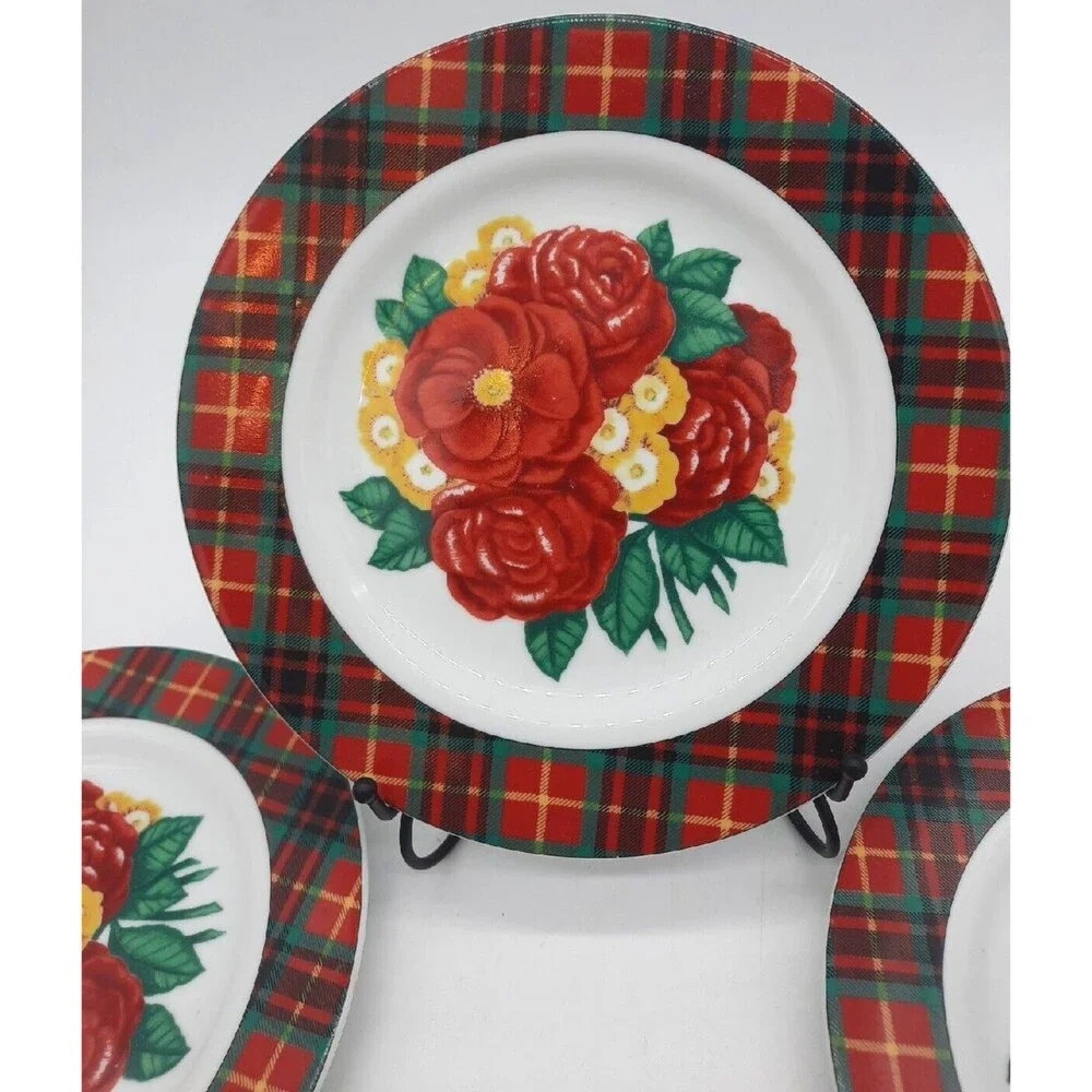 Vintage Holly Holderman Set Of 4 Red & Green Tartan Plaid Floral 8